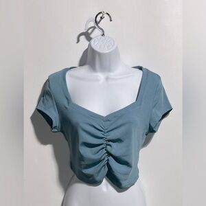 CIDER Ribbed Cropped Short Sleeve Top Blue Womens Size Large
